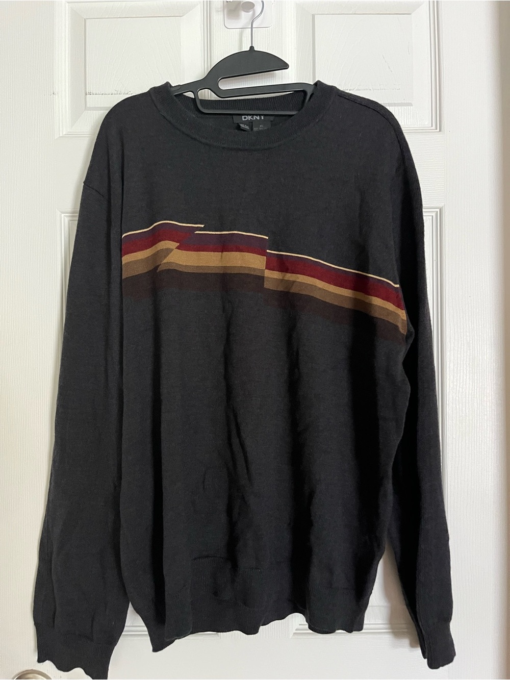 DKNY Vintage Men's Charcoal Gray Wool Crewneck Sweater with Striped Accent